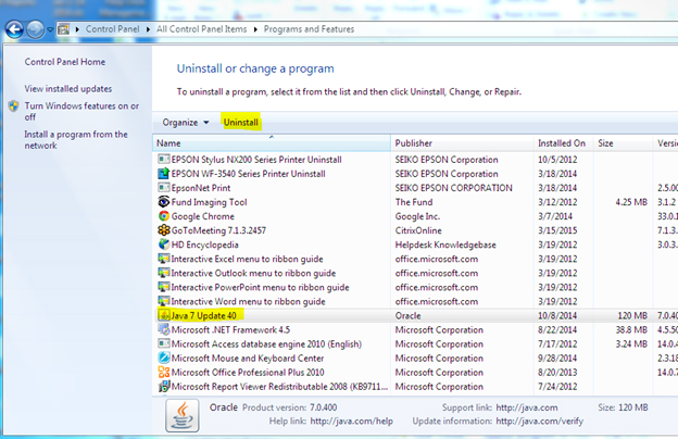 Uninstall or Change a program